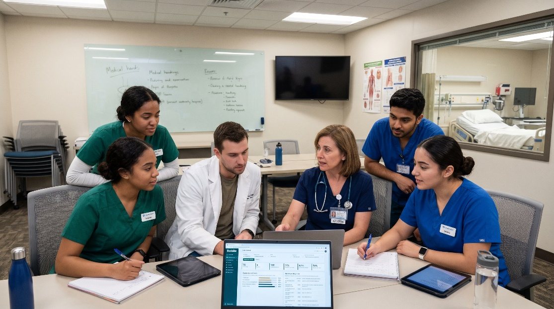 Tutors and students around a table reviewing the Bedside class report