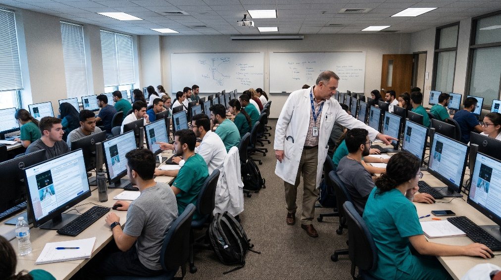 A computer lab of students running Bedside while a doctor walks between them
