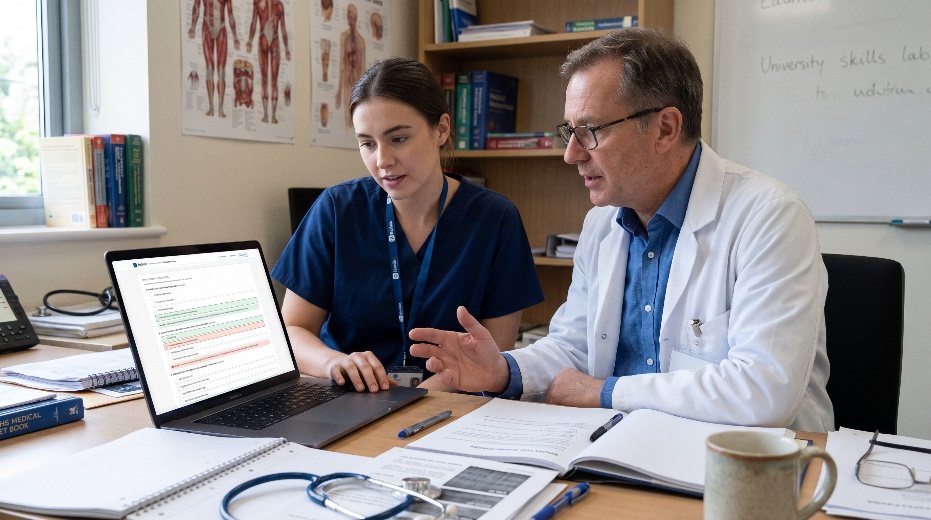 A tutor and a student going over end-of-case questions on a laptop